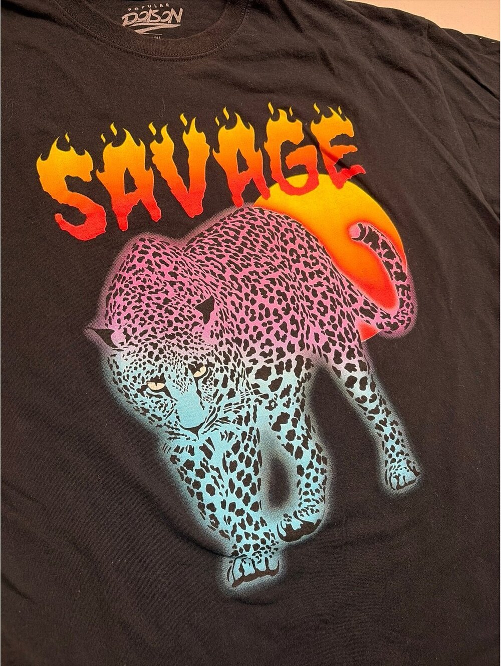 Popular Poison Savage Leopard Graphic T-Shirt Turquoise Pink Black XXL
